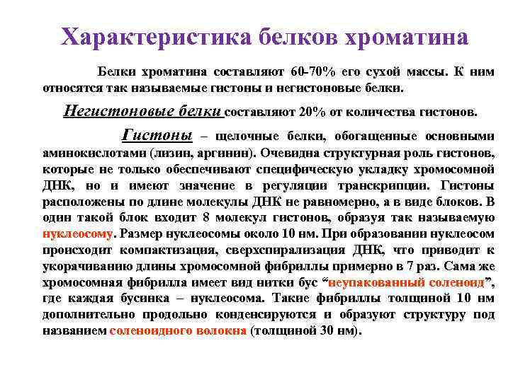 Характеристика белков хроматина Белки хроматина составляют 60 -70% его сухой массы. К ним относятся
