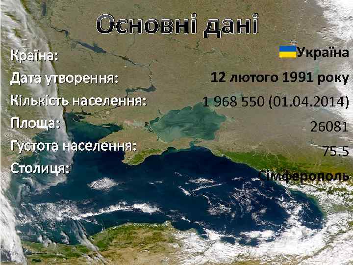 Основні дані Країна: Дата утворення: Кількість населення: Площа: Густота населення: Столиця: Україна 12 лютого