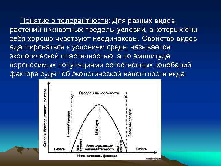 Понятие о толерантности: Для разных видов растений и животных пределы условий, в которых они