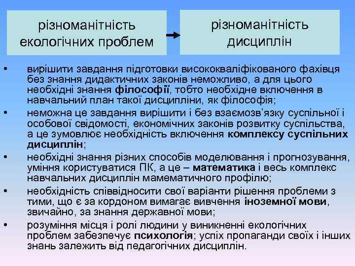 різноманітність екологічних проблем • • • різноманітність дисциплін вирішити завдання підготовки висококваліфікованого фахівця без