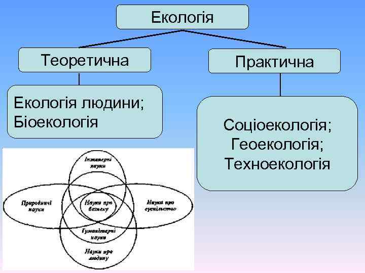 Екологія Теоретична Екологія людини; Біоекологія Практична Соціоекологія; Геоекологія; Техноекологія 