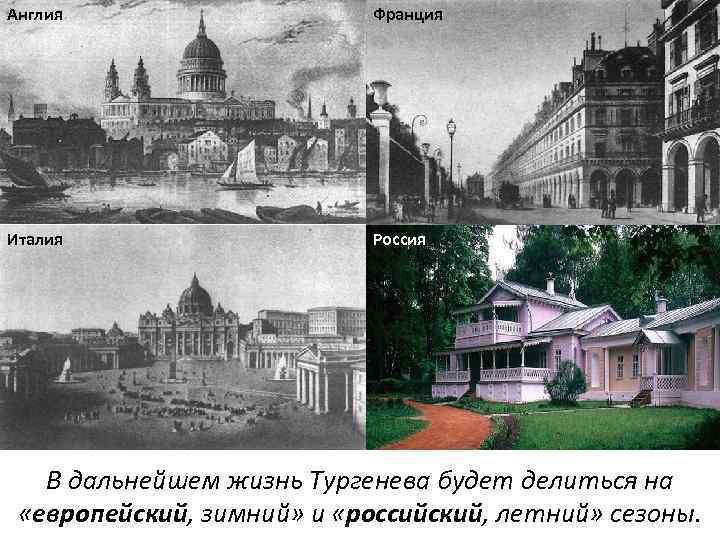 Англия Франция Италия Россия В дальнейшем жизнь Тургенева будет делиться на «европейский, зимний» и