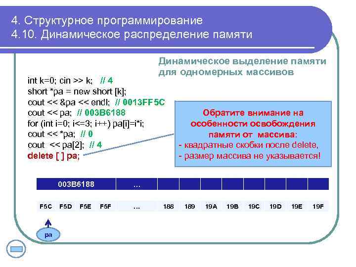4. Структурное программирование 4. 10. Динамическое распределение памяти Динамическое выделение памяти для одномерных массивов