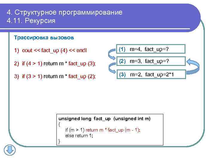 4. Структурное программирование 4. 11. Рекурсия Трассировка вызовов 1) cout << fact_up (4) <<