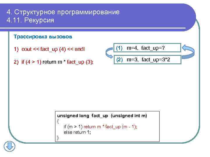 4. Структурное программирование 4. 11. Рекурсия Трассировка вызовов 1) cout << fact_up (4) <<