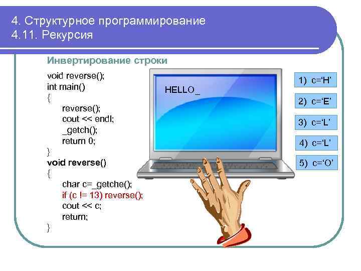 4. Структурное программирование 4. 11. Рекурсия Инвертирование строки void reverse(); int main() { reverse();