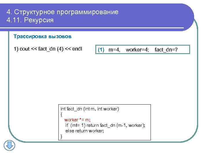 4. Структурное программирование 4. 11. Рекурсия Трассировка вызовов 1) cout << fact_dn (4) <<