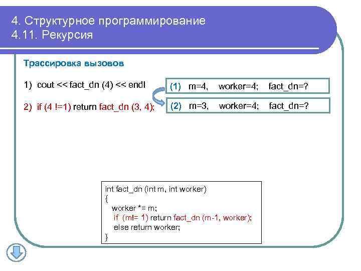 4. Структурное программирование 4. 11. Рекурсия Трассировка вызовов 1) cout << fact_dn (4) <<