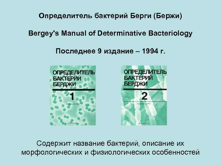 Определитель бактерий Берги (Бержи) Bergey's Manual of Determinative Bacteriology Последнее 9 издание – 1994