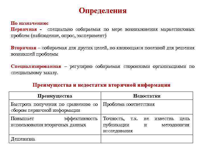 Определения По назначению: Первичная - специально собираемая по мере возникновения маркетинговых проблем (наблюдение, опрос,