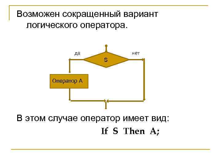 Возможен сокращенный вариант логического оператора. да нет S Оператор А В этом случае оператор