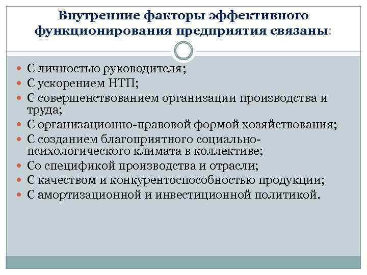 Внутренние факторы эффективного функционирования предприятия связаны: С личностью руководителя; С ускорением НТП; С совершенствованием