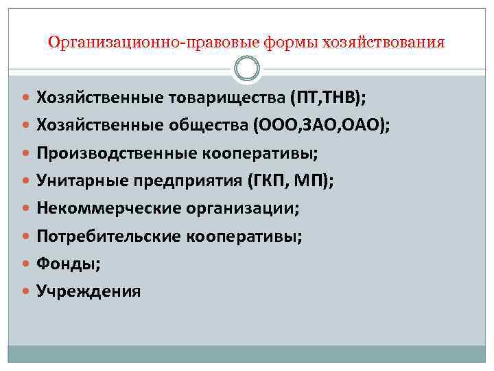 Организационно-правовые формы хозяйствования Хозяйственные товарищества (ПТ, ТНВ); Хозяйственные общества (ООО, ЗАО, ОАО); Производственные кооперативы;
