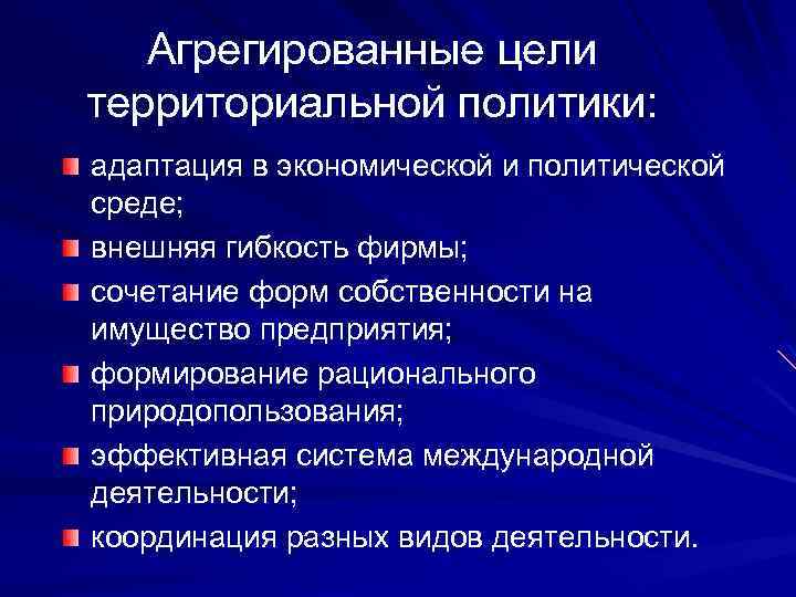 Агрегированные цели территориальной политики: адаптация в экономической и политической среде; внешняя гибкость фирмы; сочетание