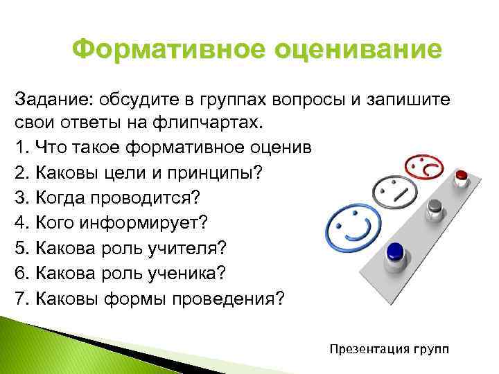 Формативное оценивание Задание: обсудите в группах вопросы и запишите свои ответы на флипчартах. 1.