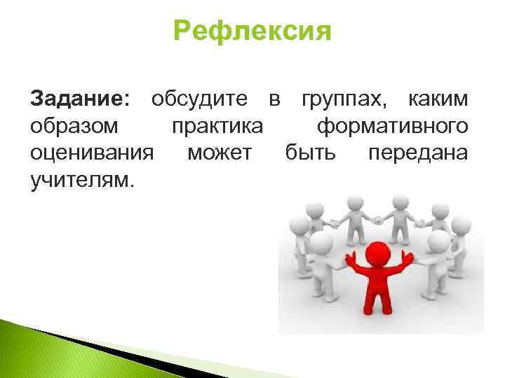 Рефлексия Задание: обсудите в группах, каким образом практика формативного оценивания может быть передана учителям.