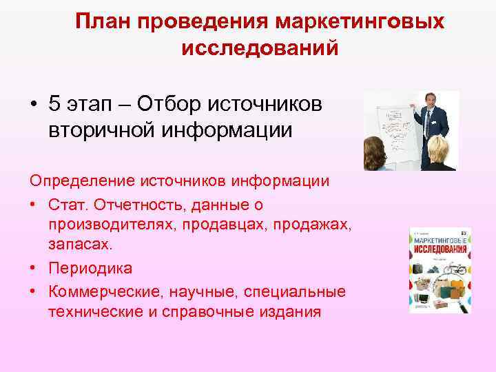 План проведения маркетинговых исследований • 5 этап – Отбор источников вторичной информации Определение источников