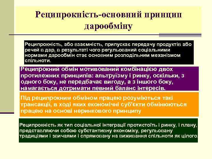 Реципрокність-основний принцип дарообміну Реципрокність, або взаємність, припускає передачу продуктів або речей в дар, в