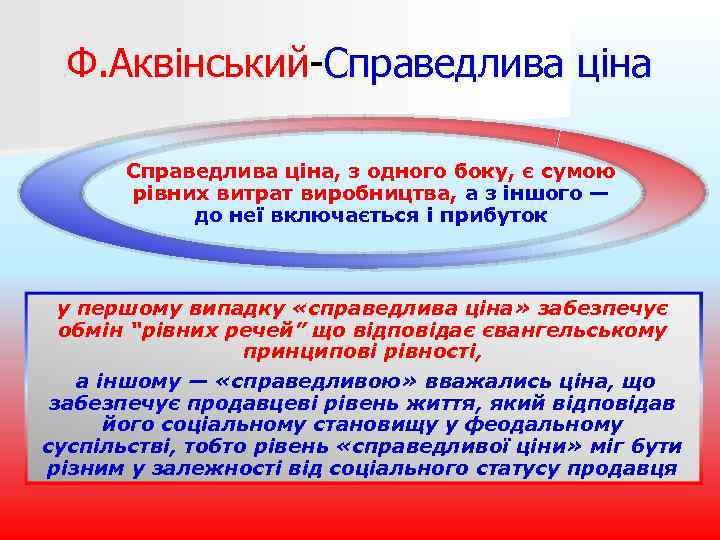 Ф. Аквінський-Справедлива ціна, з одного боку, є сумою рівних витрат виробництва, а з іншого