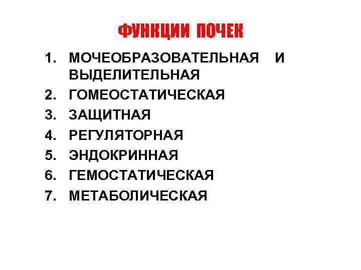 ФУНКЦИИ ПОЧЕК 1. МОЧЕОБРАЗОВАТЕЛЬНАЯ ВЫДЕЛИТЕЛЬНАЯ 2. ГОМЕОСТАТИЧЕСКАЯ 3. ЗАЩИТНАЯ 4. РЕГУЛЯТОРНАЯ 5. ЭНДОКРИННАЯ 6.