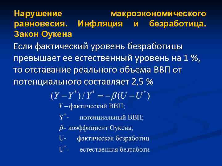Нарушение макроэкономического равновесия. Инфляция и безработица. Закон Оукена Если фактический уровень безработицы превышает ее