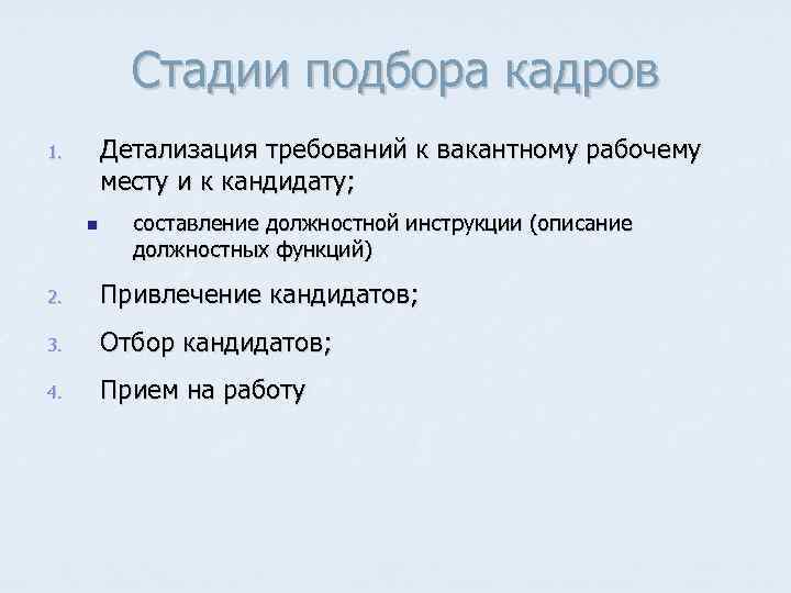 Стадии подбора кадров Детализация требований к вакантному рабочему месту и к кандидату; 1. n