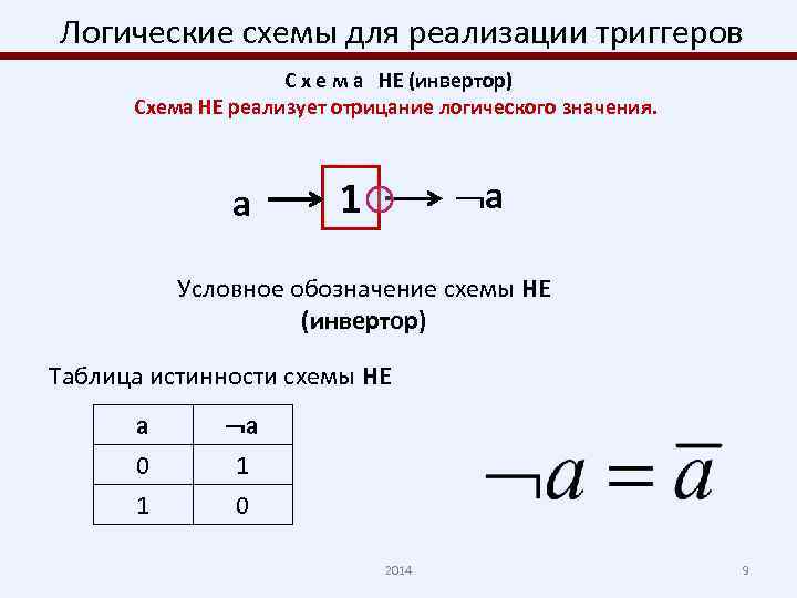 Логические схемы для реализации триггеров С х е м а НЕ (инвертор) Схема НЕ
