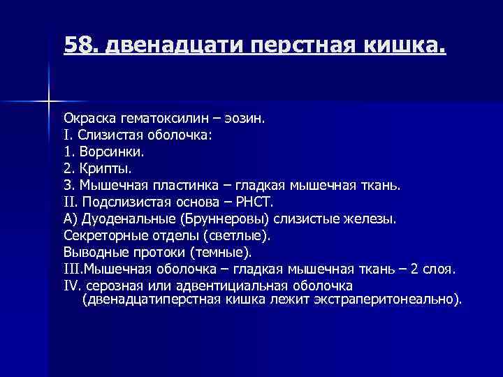 58. двенадцати перстная кишка. Окраска гематоксилин – эозин. I. Слизистая оболочка: 1. Ворсинки. 2.