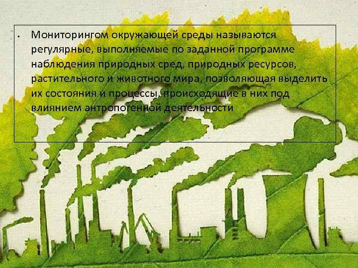  • Мониторингом окружающей среды называются регулярные, выполняемые по заданной программе наблюдения природных сред,