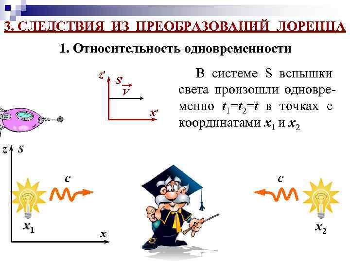 3. СЛЕДСТВИЯ ИЗ ПРЕОБРАЗОВАНИЙ ЛОРЕНЦА 1. Относительность одновременности z S V x В системе