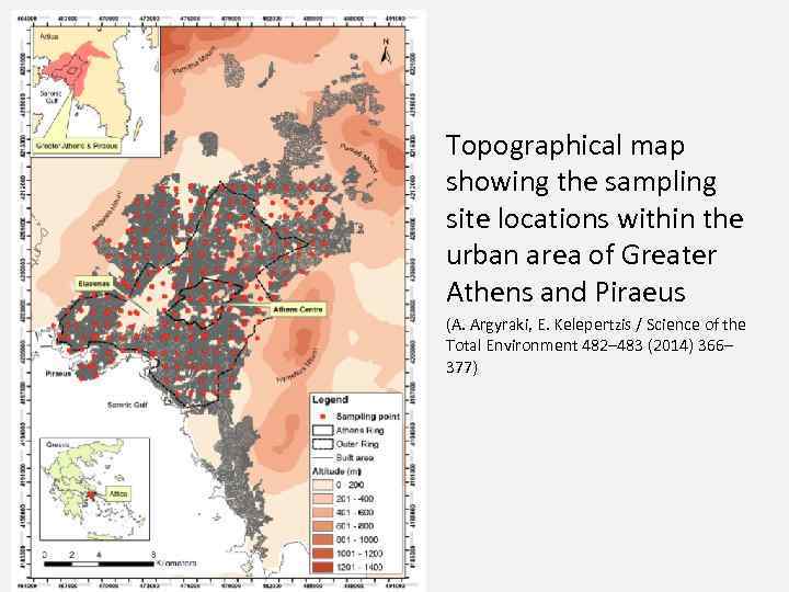 Topographical map showing the sampling site locations within the urban area of Greater Athens