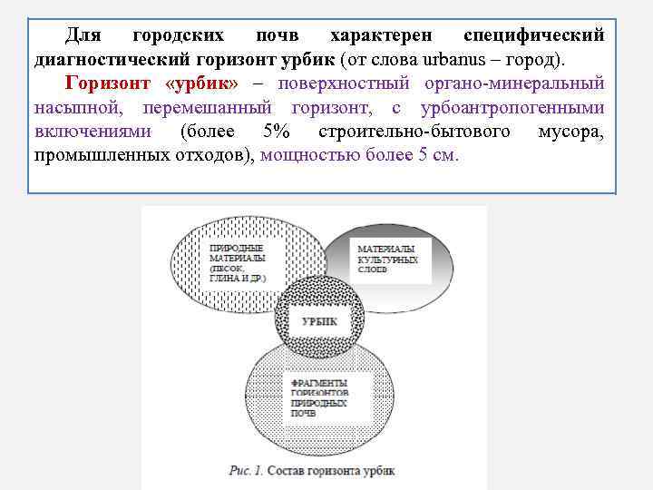 Для городских почв характерен специфический диагностический горизонт урбик (от слова urbanus – город). Горизонт