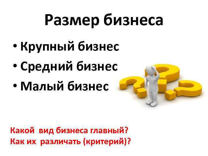 Размер бизнеса • Крупный бизнес • Средний бизнес • Малый бизнес Какой вид бизнеса