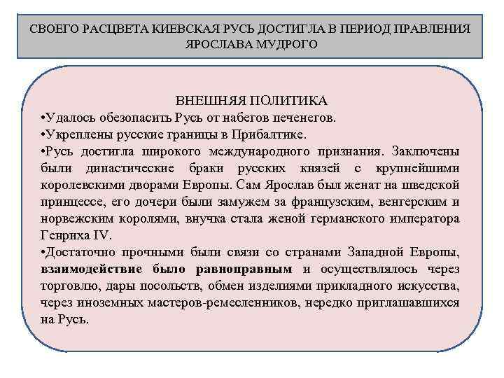 СВОЕГО РАСЦВЕТА КИЕВСКАЯ РУСЬ ДОСТИГЛА В ПЕРИОД ПРАВЛЕНИЯ ЯРОСЛАВА МУДРОГО ВНЕШНЯЯ ПОЛИТИКА • Удалось