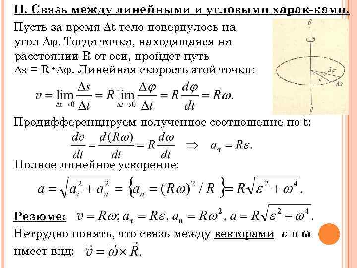 П. Связь между линейными и угловыми харак-ками. Пусть за время ∆t тело повернулось на
