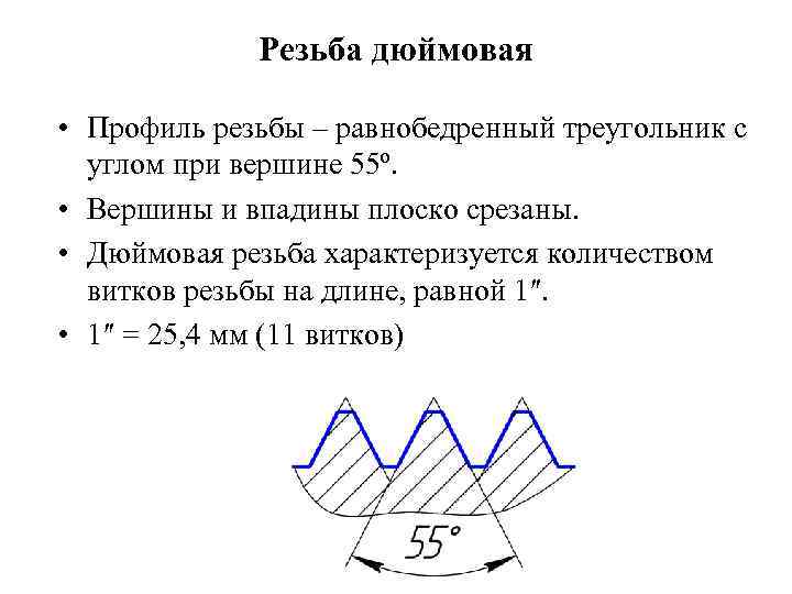 Резьба дюймовая • Профиль резьбы – равнобедренный треугольник с углом при вершине 55º. •