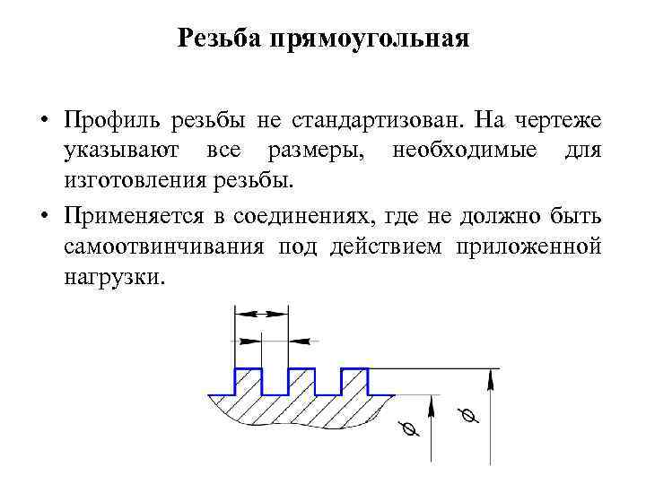 Резьба прямоугольная • Профиль резьбы не стандартизован. На чертеже указывают все размеры, необходимые для