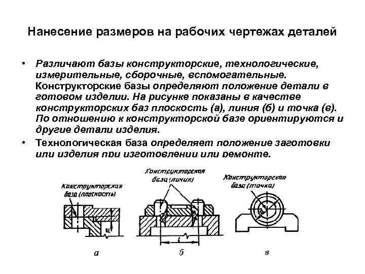 Виды размеров деталей. Как определить базы на чертеже. Основные правила нанесения размеров на чертеже детали размерные базы. Простановка размеров на чертежах деталь. Обозначение конструкторских баз.