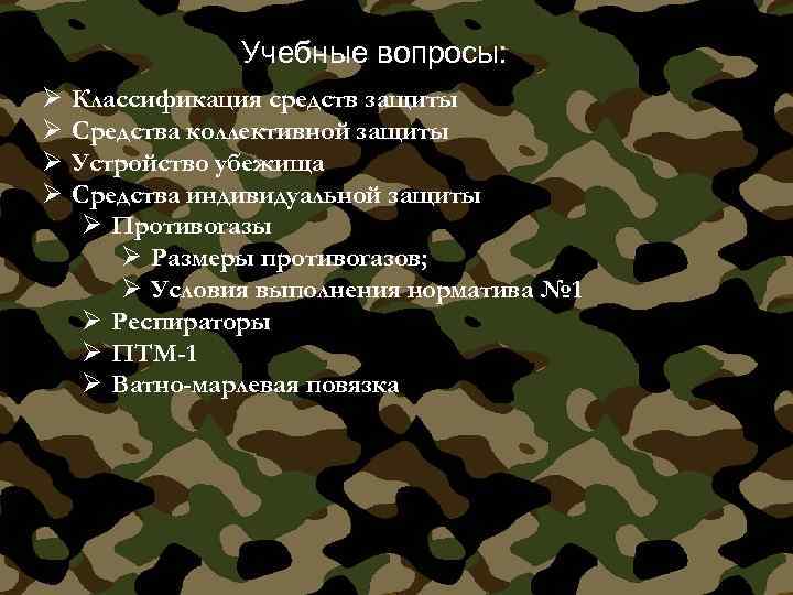Учебные вопросы: Ø Ø Классификация средств защиты Средства коллективной защиты Устройство убежища Средства индивидуальной