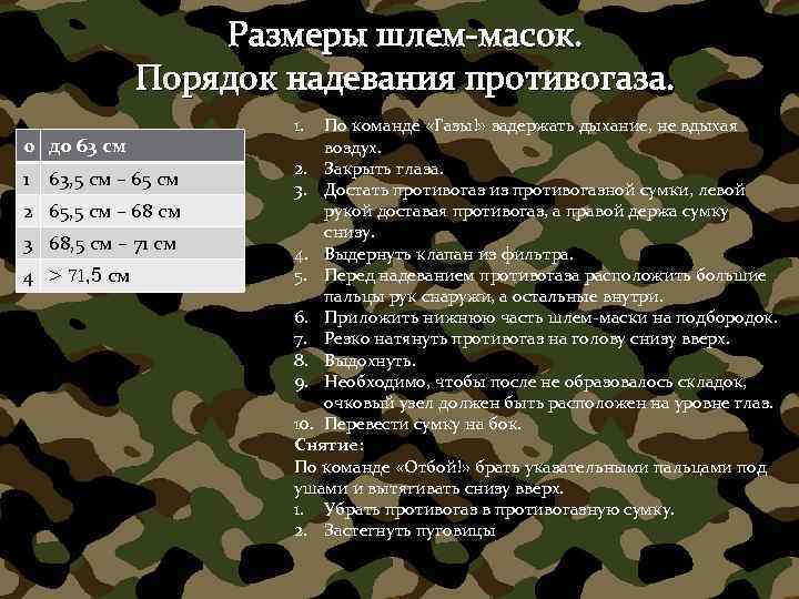 Размеры шлем-масок. Порядок надевания противогаза. 0 до 63 см 1 63, 5 см –