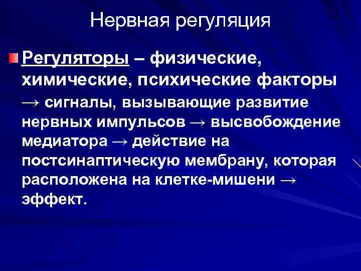 Нервная регуляция Регуляторы – физические, химические, психические факторы → сигналы, вызывающие развитие нервных импульсов