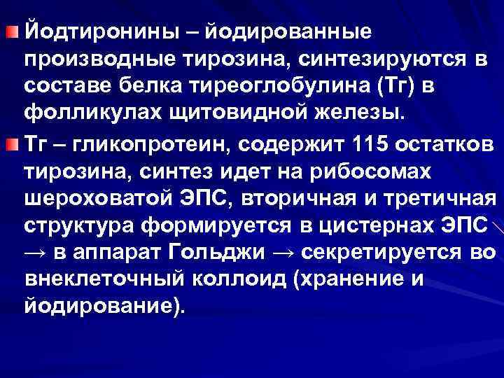 Йодтиронины – йодированные производные тирозина, синтезируются в составе белка тиреоглобулина (Тг) в фолликулах щитовидной