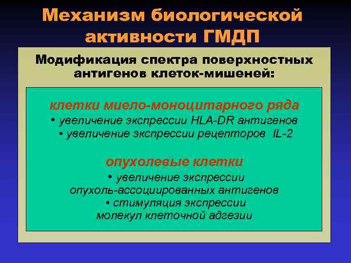 Механизм биологической активности ГМДП Модификация спектра поверхностных антигенов клеток-мишеней: клетки миело-моноцитарного ряда • увеличение