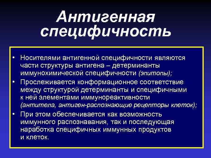Антигенная специфичность • Носителями антигенной специфичности являются части структуры антигена – детерминанты иммунохимической специфичности