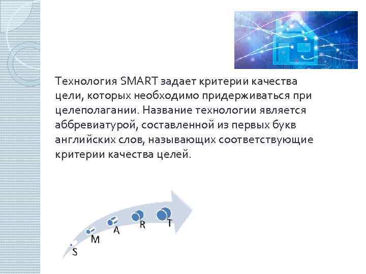 Технология SMART задает критерии качества цели, которых необходимо придерживаться при целеполагании. Название технологии является