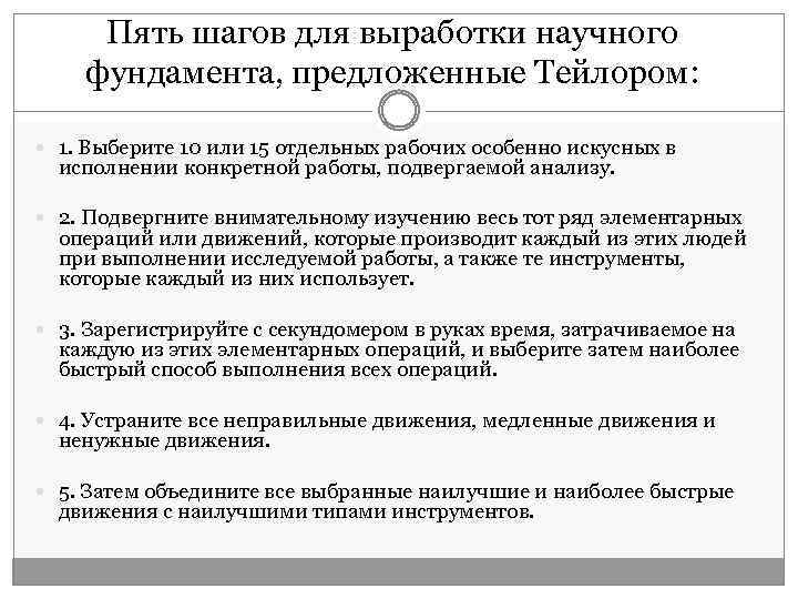 Пять шагов для выработки научного фундамента, предложенные Тейлором: 1. Выберите 10 или 15 отдельных