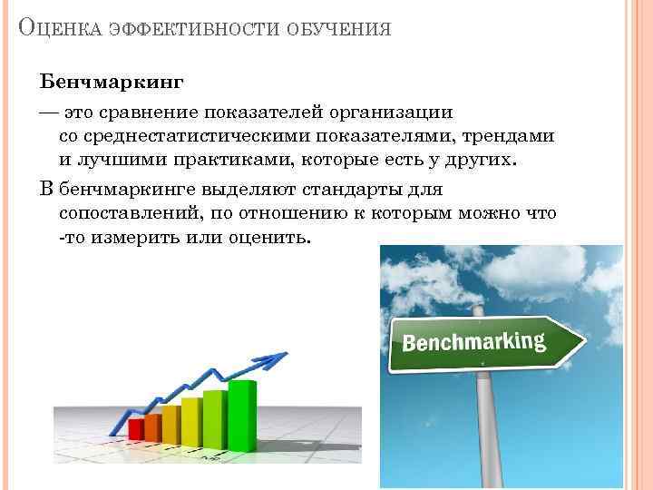 ОЦЕНКА ЭФФЕКТИВНОСТИ ОБУЧЕНИЯ Бенчмаркинг — это сравнение показателей организации со среднестатистическими показателями, трендами и