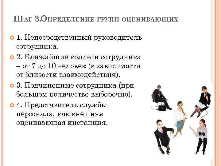 ШАГ 3. ОПРЕДЕЛЕНИЕ ГРУПП ОЦЕНИВАЮЩИХ 1. Непосредственный руководитель сотрудника. 2. Ближайшие коллеги сотрудника –