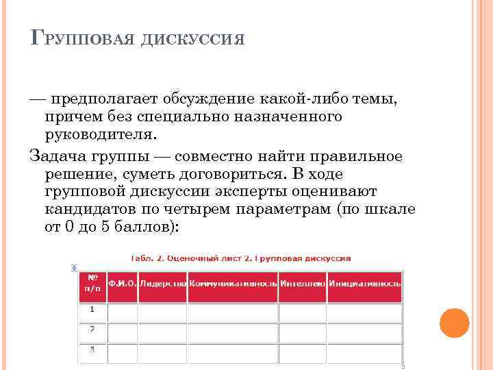 ГРУППОВАЯ ДИСКУССИЯ — предполагает обсуждение какой-либо темы, причем без специально назначенного руководителя. Задача группы