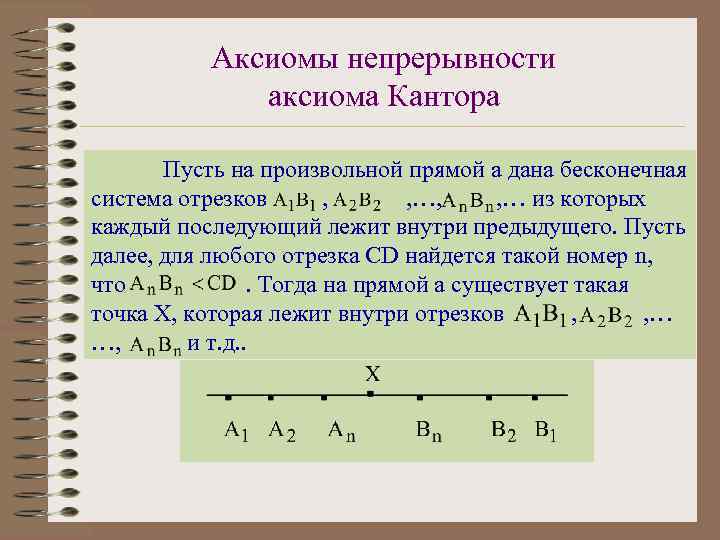 Аксиомы непрерывности аксиома Кантора Пусть на произвольной прямой а дана бесконечная система отрезков ,